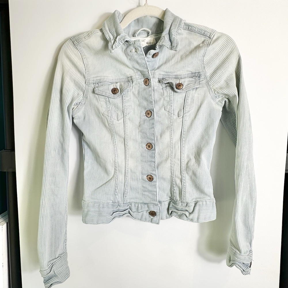 LOGG Womens Junior Size 4 Striped Denim Trucker Jacket Cropped Stretch‎ Blue
